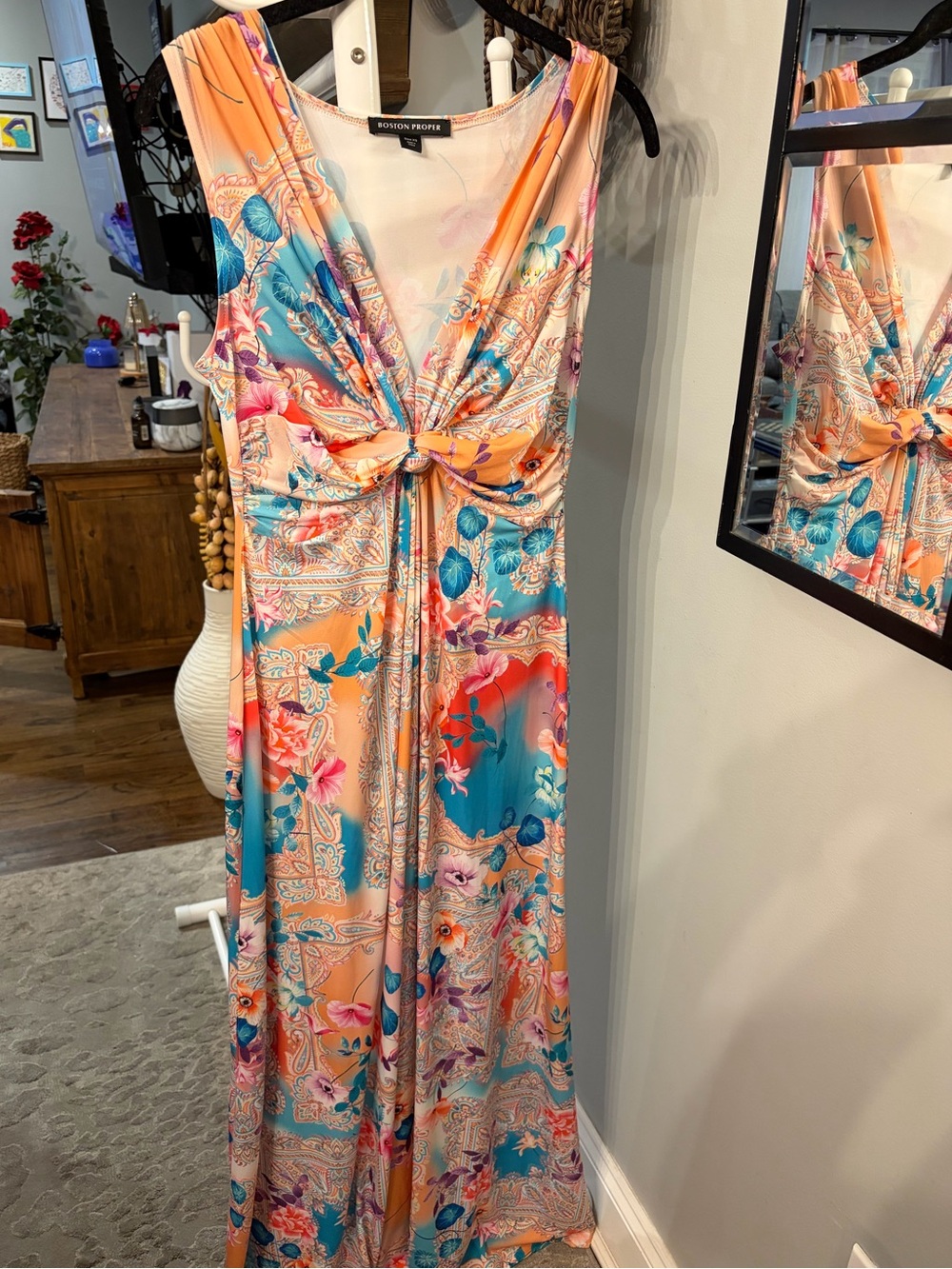 Boston Proper Peach, Teal & Pink Floral Twist-Front Maxi Dress size XS